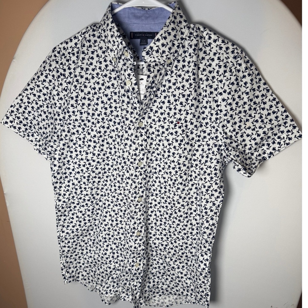 Tommy Hilfiger Mens Floral Short Sleeve Button Down Shirt White Navy Blue Small